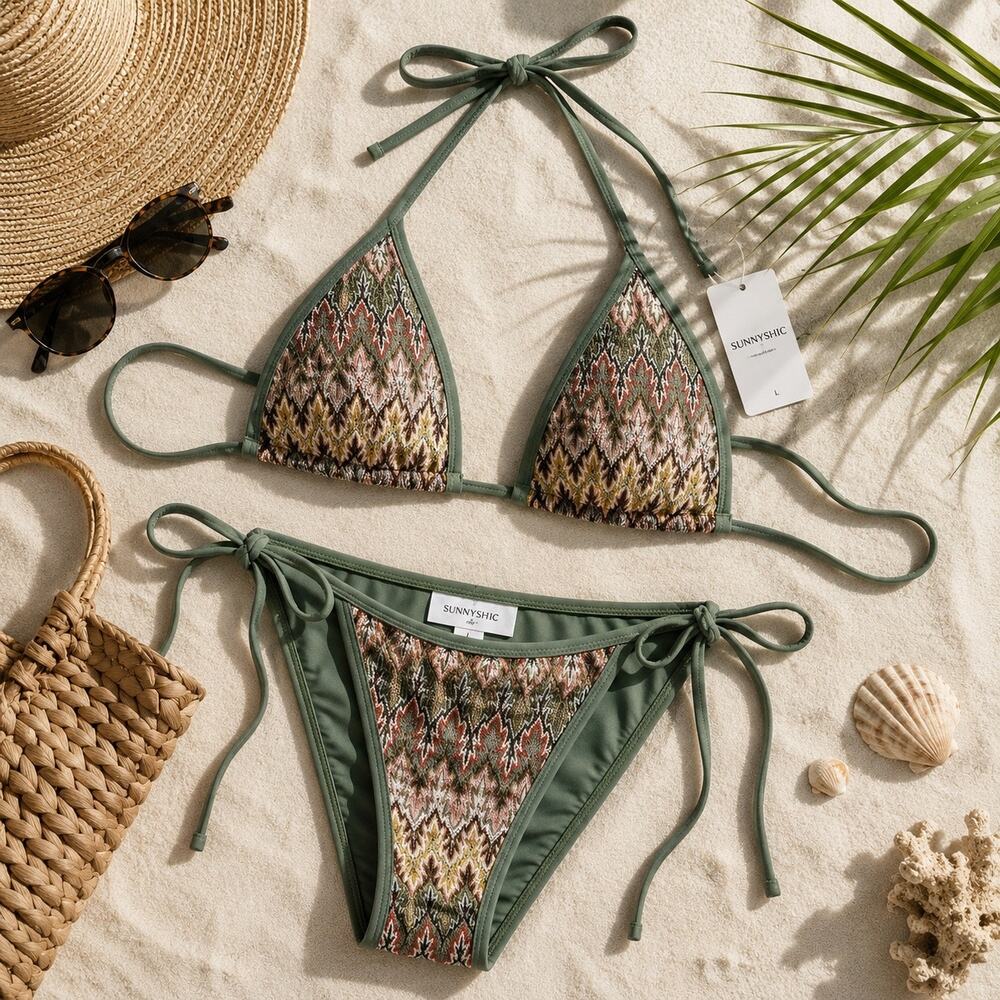 Knit Bikini Set Women’s L Green Boho Halter Tie Side NWT Swim